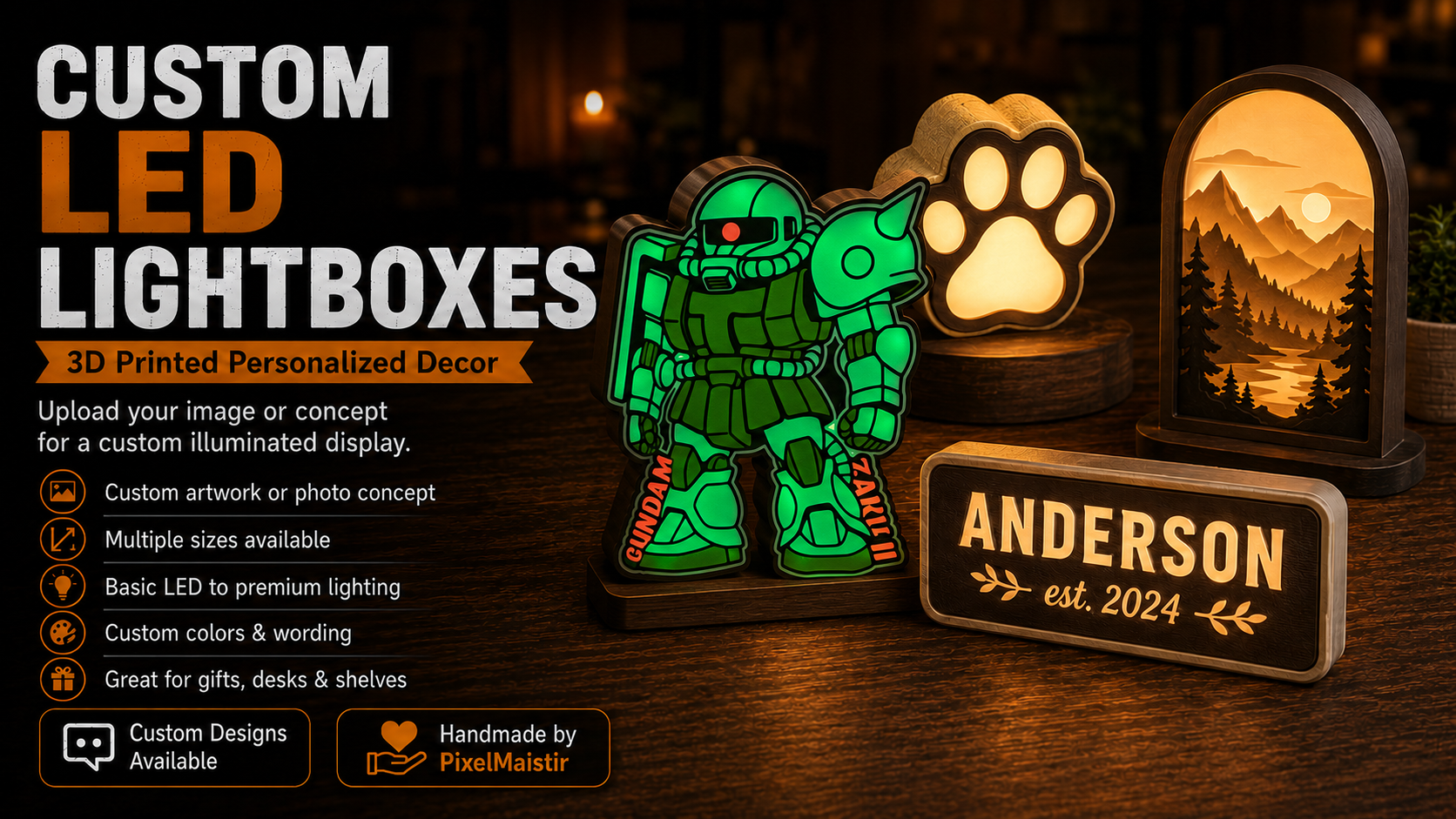 Custom 3D printed LED lightboxes and personalized lit display designs by PixelMaistir