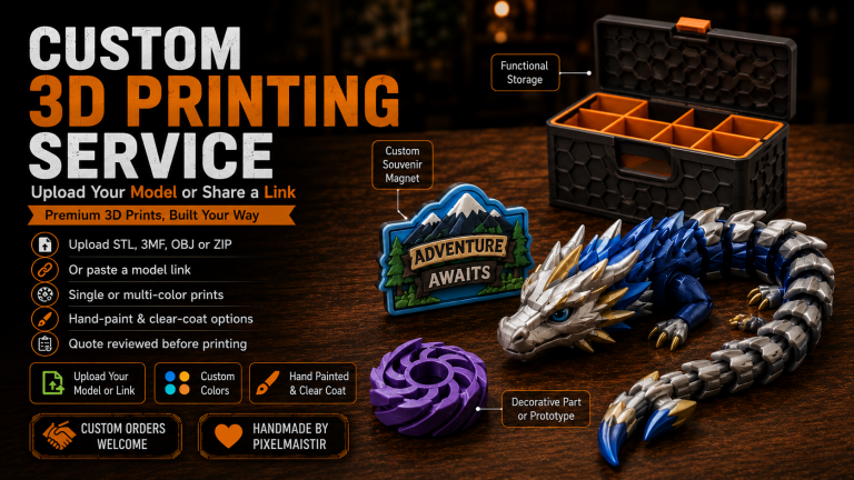 Custom 3D printing service product image showing sample printed parts, upload model or link options, and PixelMaistir custom order details