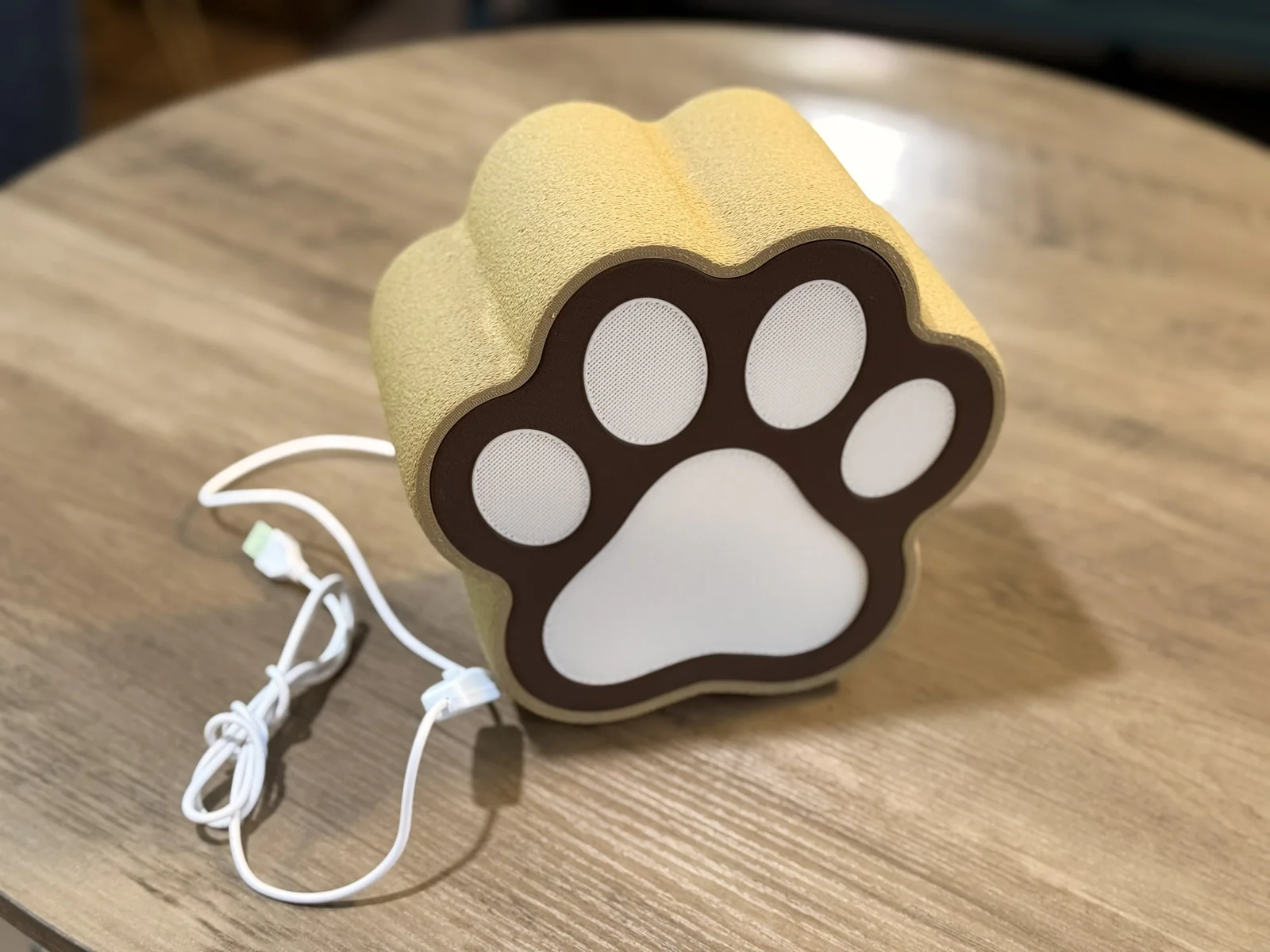 Anonymous custom print job example showing a 3D printed paw-shaped lamp with cord routing.