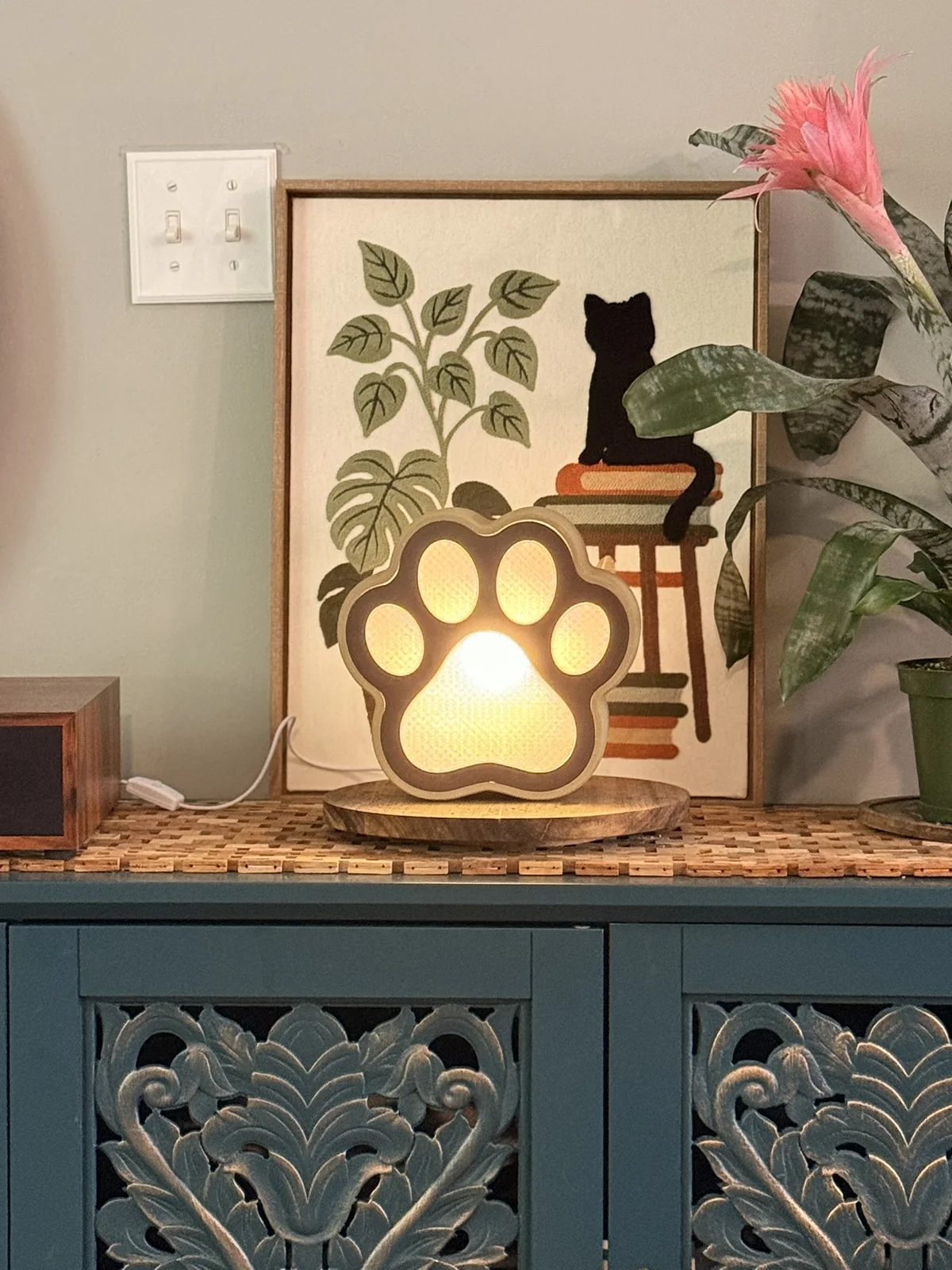 Anonymous custom print job example showing a paw-shaped light-up lamp displayed on a cabinet.
