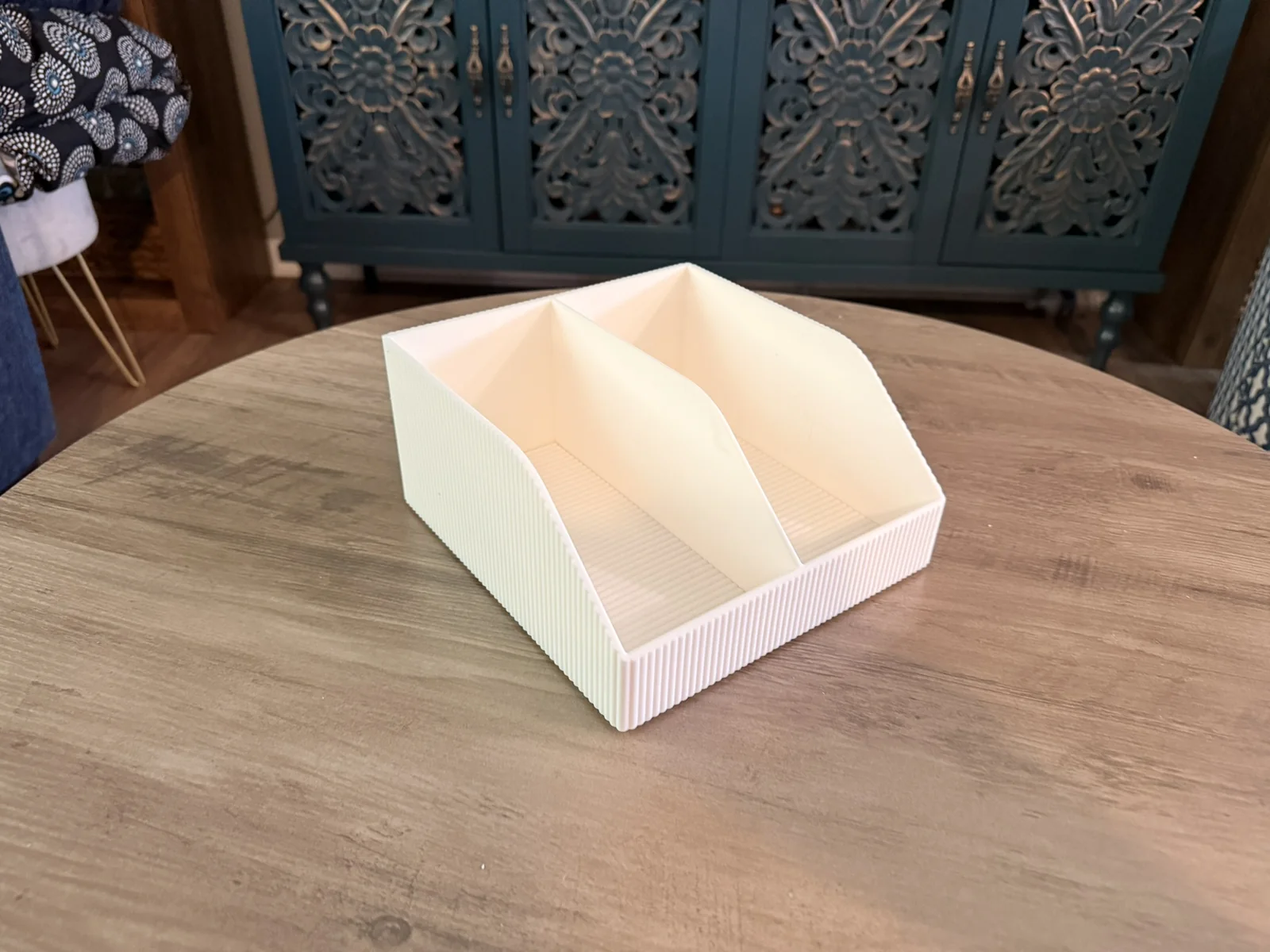 Anonymous custom print job example showing an angled view of a heavy-duty utility bin-style 3D print.