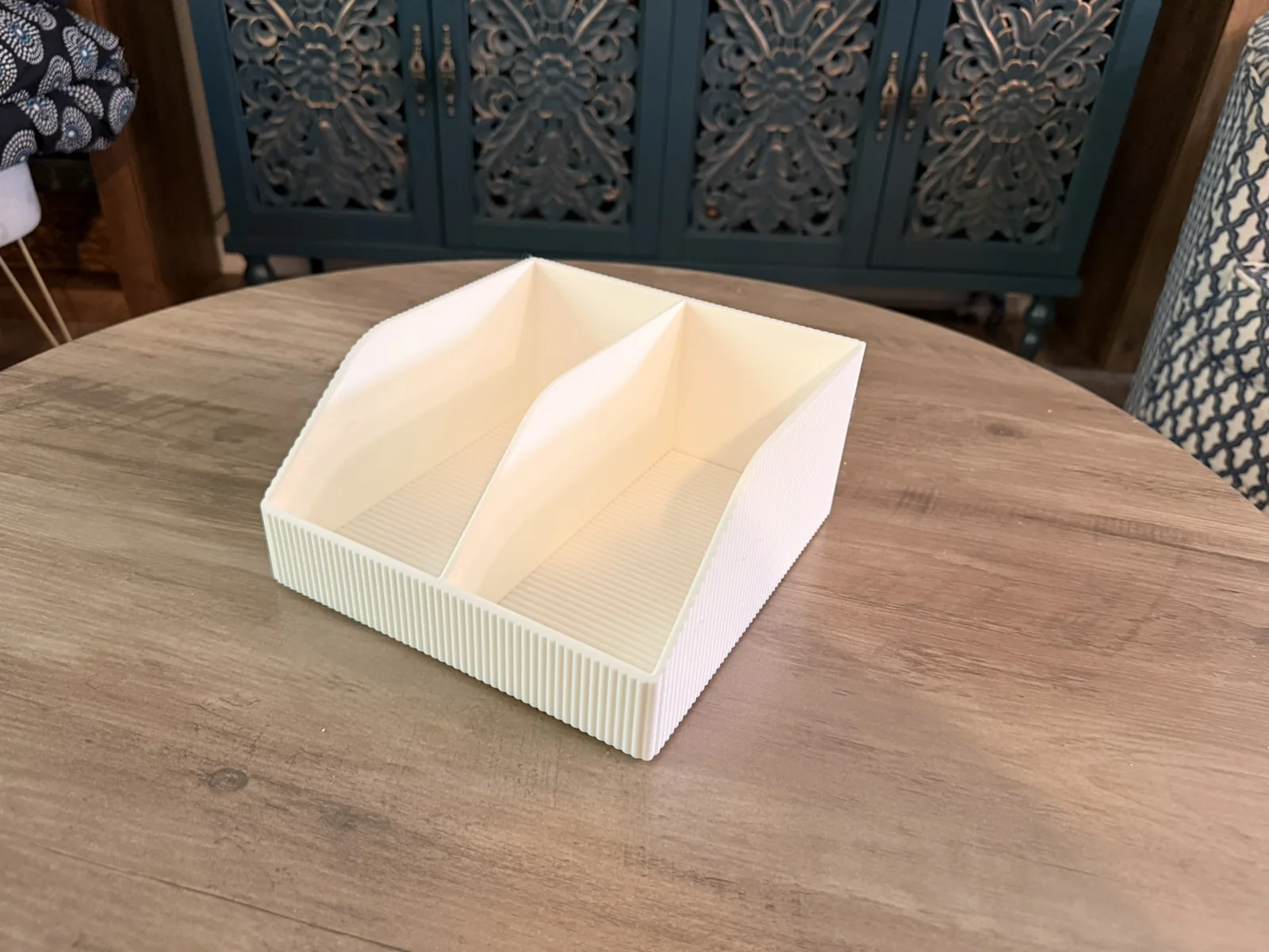 Anonymous custom print job example showing a side view of a heavy-duty utility bin-style 3D print.