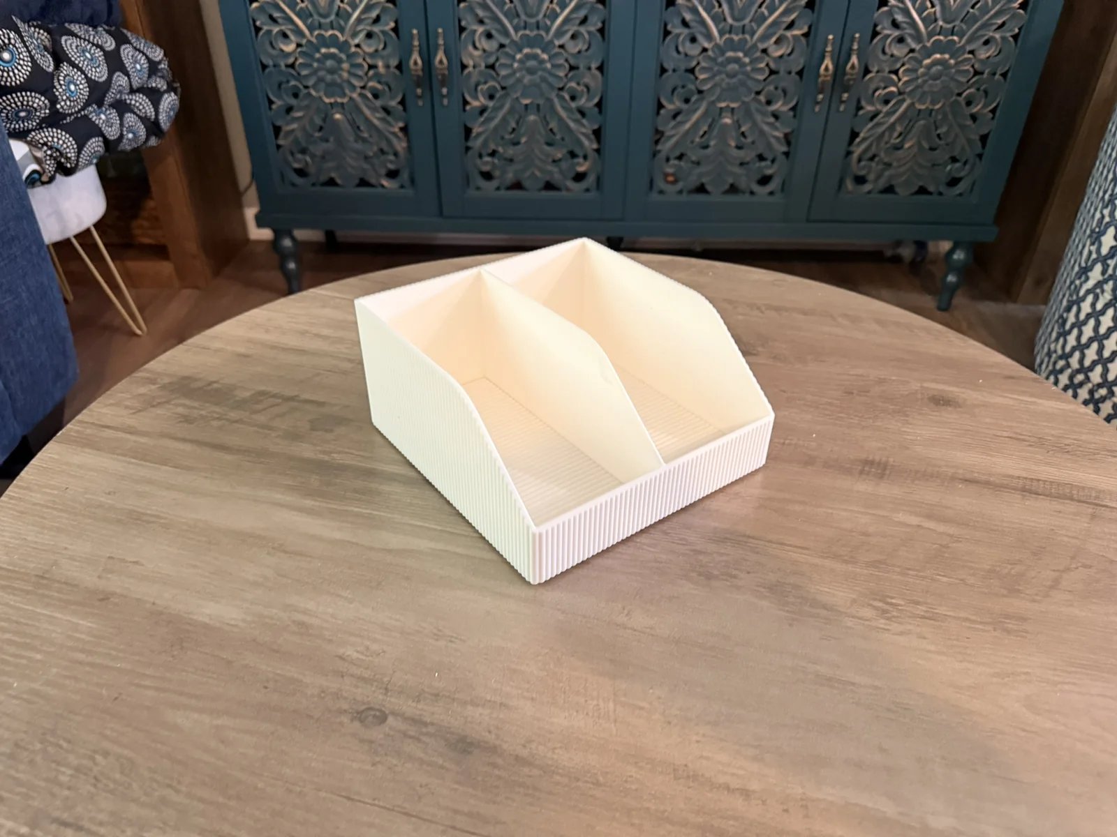 Anonymous custom print job example showing a heavy-duty utility bin-style 3D print from above.