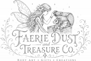 Faerie Dust and Treasure Company partner vendor logo in black and white for dark mode.