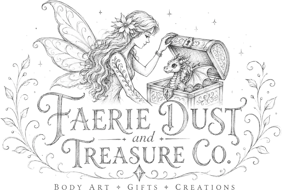 Faerie Dust and Treasure Company partner vendor logo in black and white for dark mode.