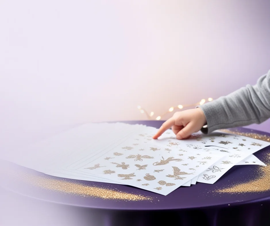Temporary glitter tattoo design choices on a craft fair table
