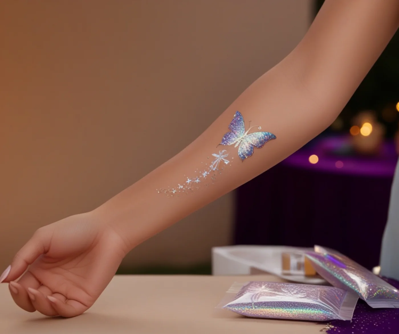 Finished sparkling temporary glitter tattoo on an arm