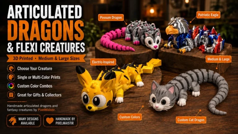 Articulated dragons and flexi creatures 3D printed by PixelMaistir.