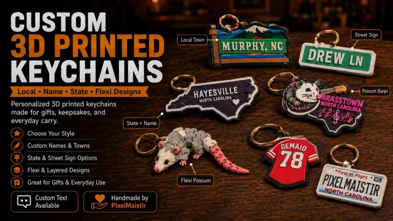 Custom 3D printed keychains with local town, name, state, and flexi design examples by PixelMaistir.