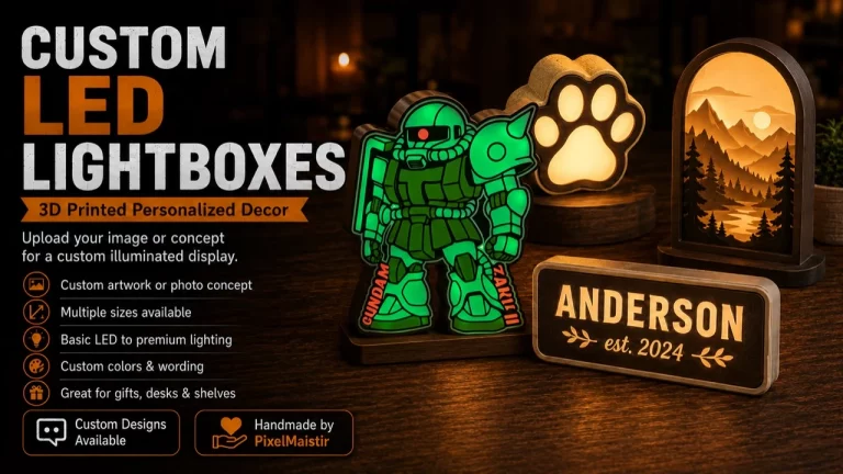 Custom LED lightboxes and personalized illuminated display designs by PixelMaistir.