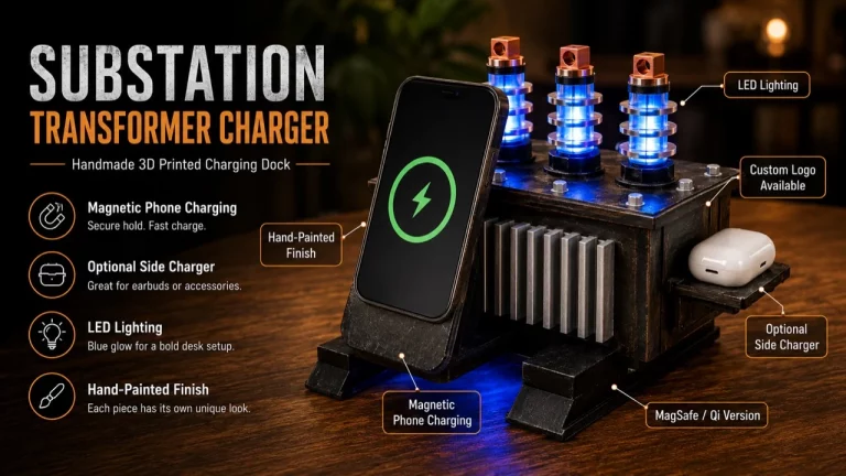 Substation transformer wireless phone charging dock hero image by PixelMaistir.