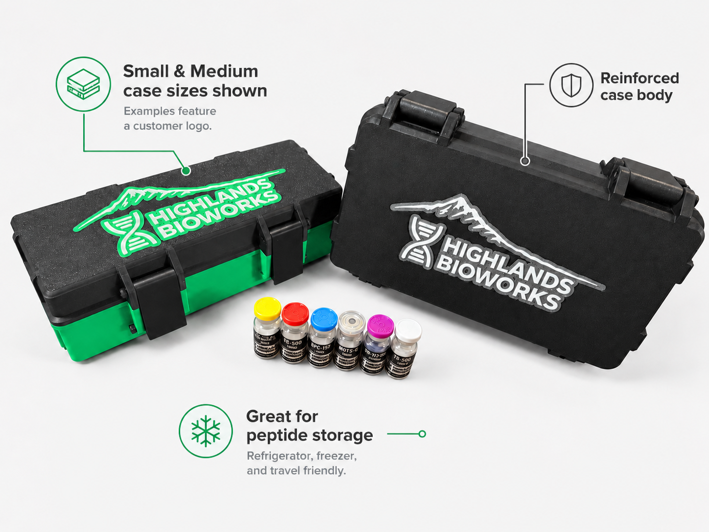 Small and medium custom 3D printed peptide storage travel cases shown for size comparison.