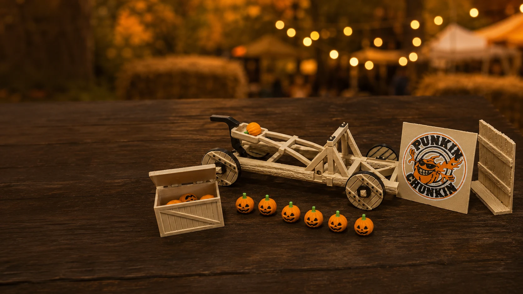 PixelMaistir Punkin Chunkin catapult set displayed at an autumn craft festival.